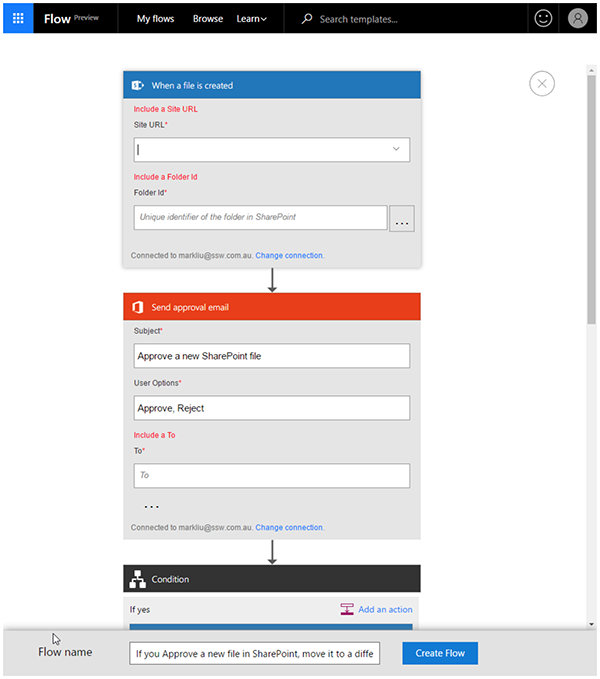 You can customize and configure a flow in the browser