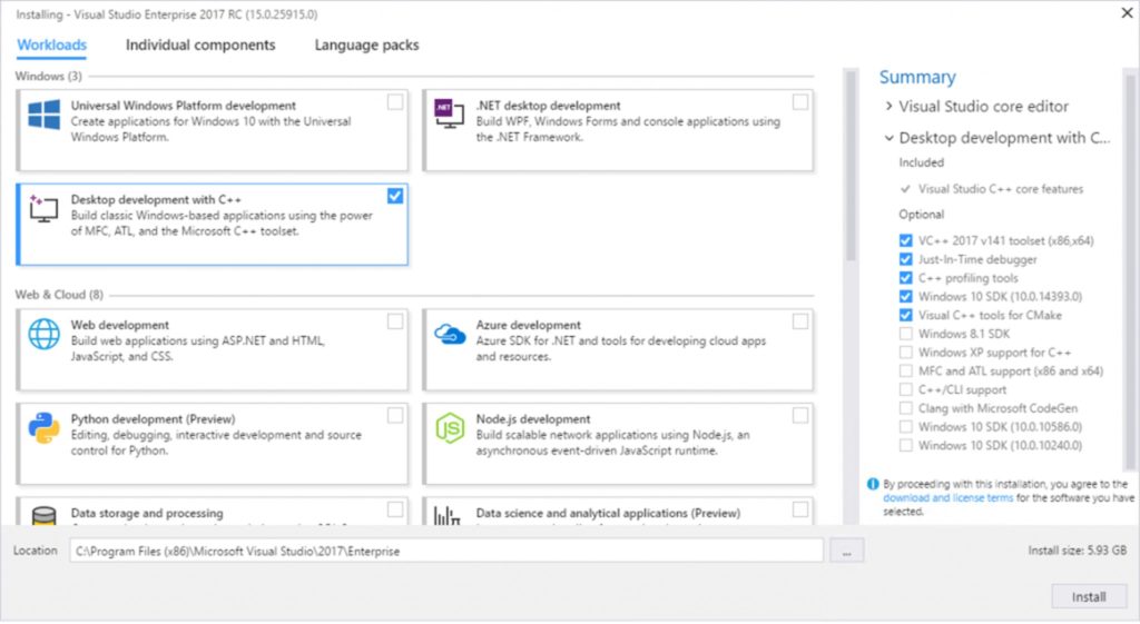 Figure: The new Visual Studio 2017 Installer showing the different workloads. We usually choose “Web development”.