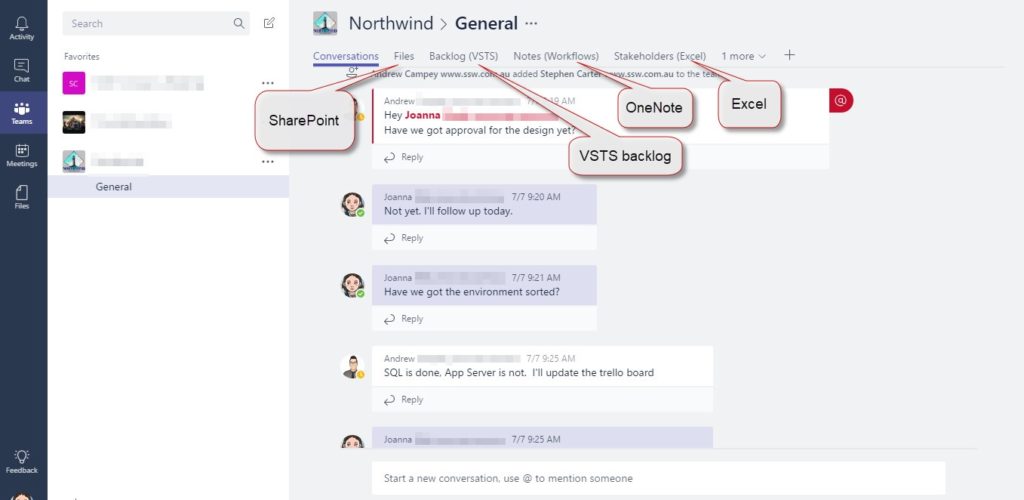 Figure: Beyond our “conversations”, we have 4 tabs – our “Files”, our “Backlog (VSTS)”, our “Notes (Workflows in OneNote)”, and our “stakeholders (Excel)”