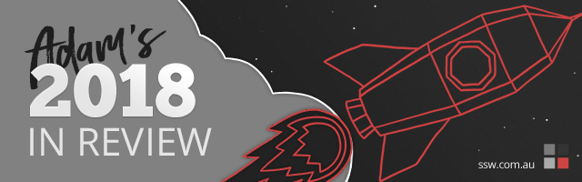 Banner image that reads "Adam's 2018 in review". The background is black and grey. To the right is a picture of a rocket ship.