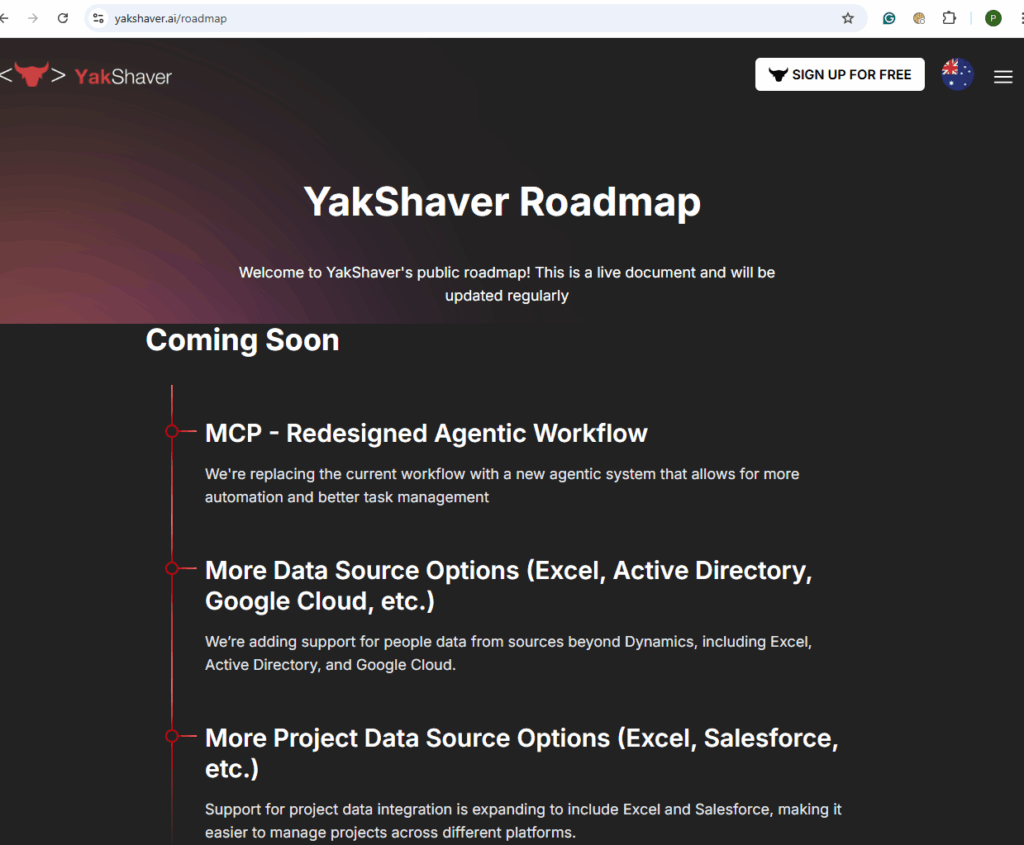 Screenshot of the roadmap from the YakShaver website