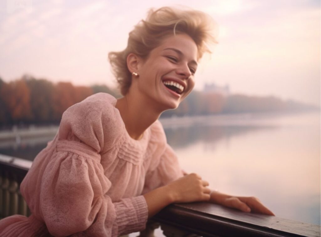 AI image of a candid closeup of a giggling blonde French woman wearing a pink dress enjoying the view, in Paris, 1970, autumn colours, -ar 4:3
