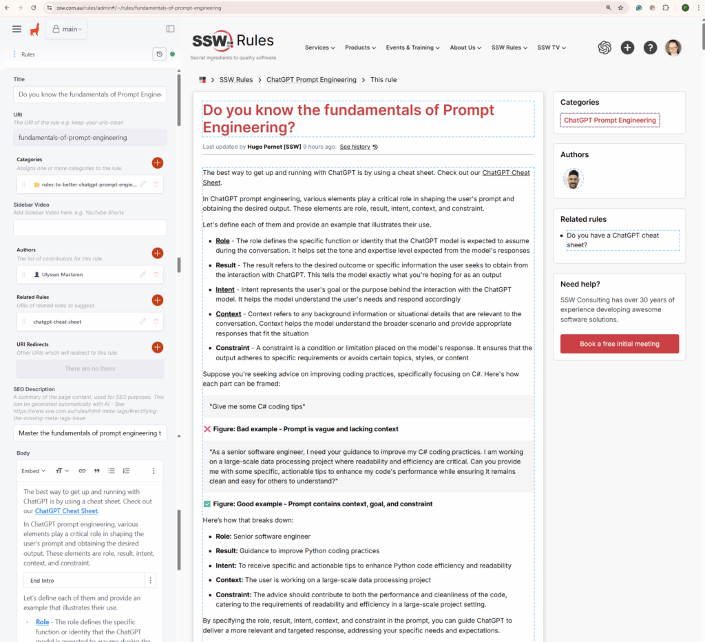 The screen view of the TinaCMS editing experience
